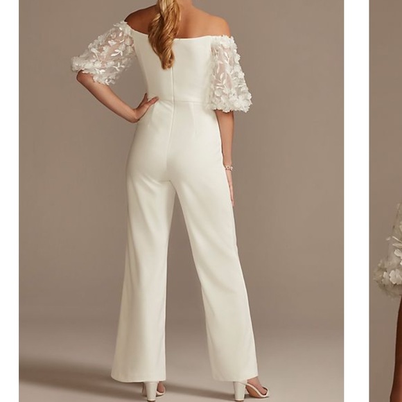 David’s Bridal off-the-shoulder floral puff sleeve jumpsuit - Picture 2 of 14